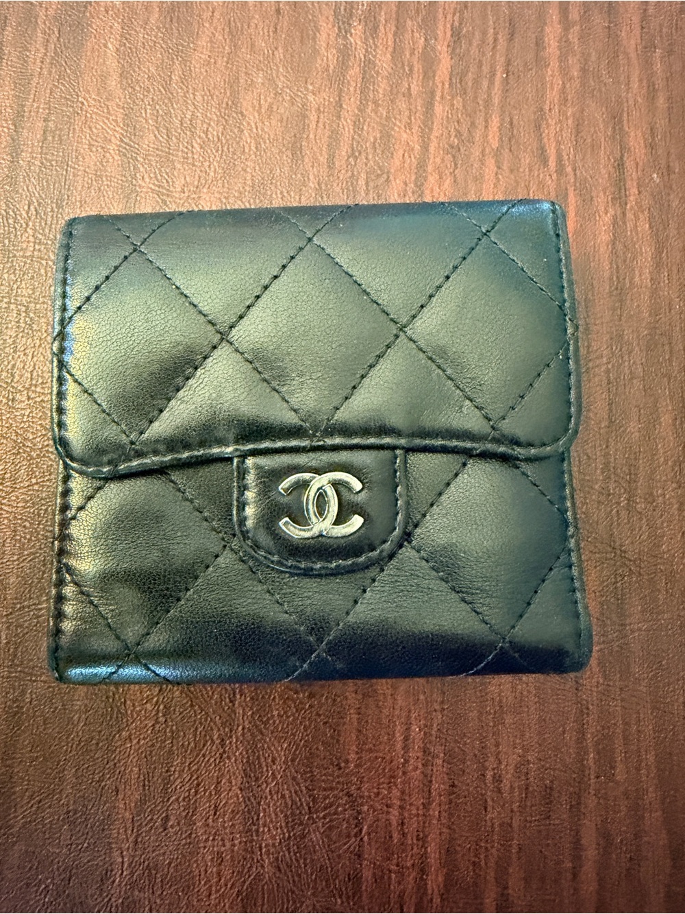 CHANEL Black Quilted caviar Leather Compact Wallet with Silver CC Emblem
